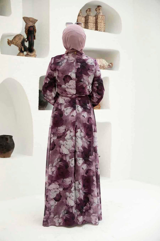 Mauve Floral Chiffon Modest Dress