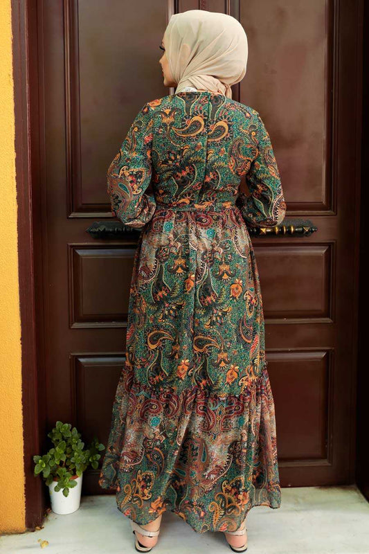 Green Printed Chiffon Modest Dress