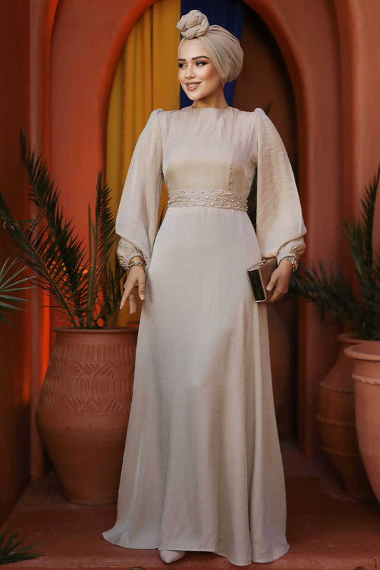 Modest Beige Evening Long Dress 23302BEJ