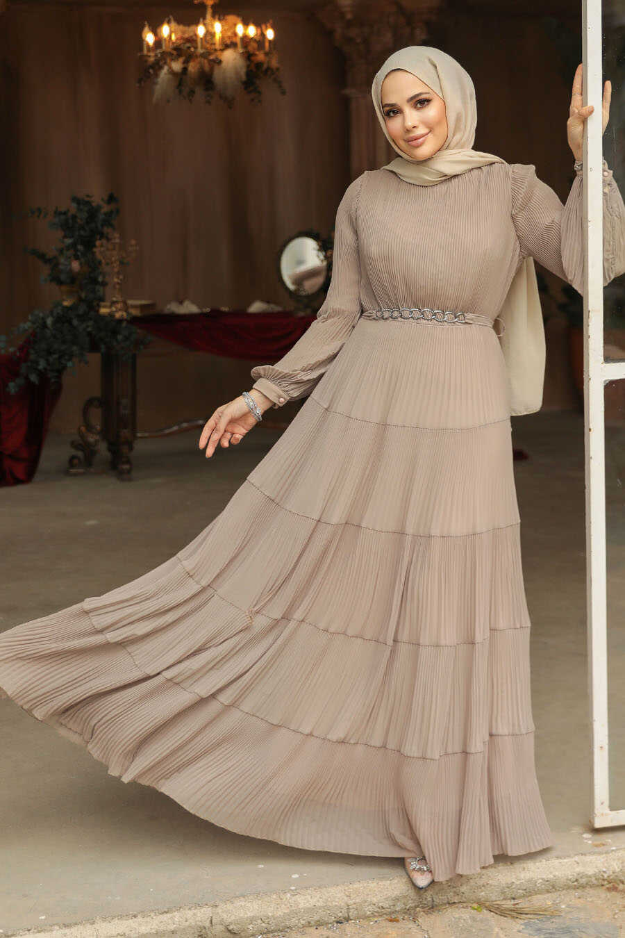 Modest Beige Ruffle Dress 44761BEJ