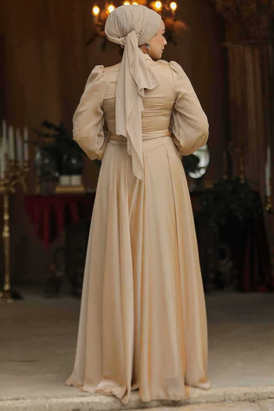 Modest Biscuit Ruffle Evening Dress