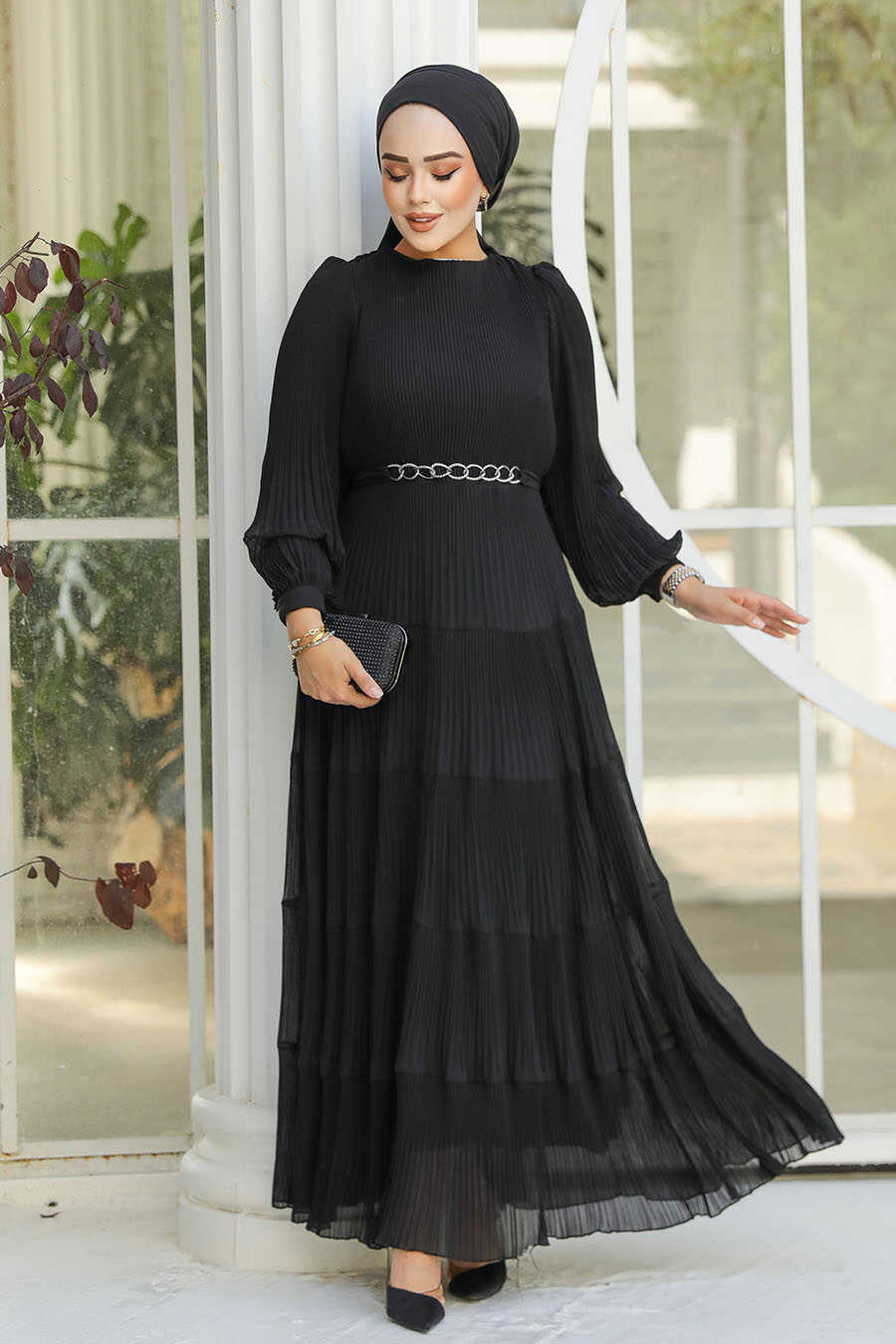 Modest Black Ruffle Dress 44761S