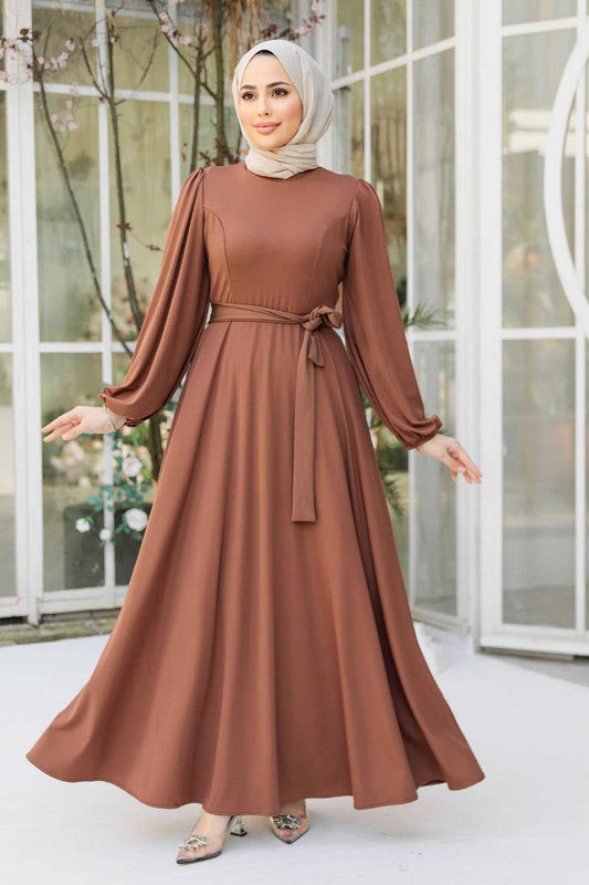 Modest Brown Solid Dress