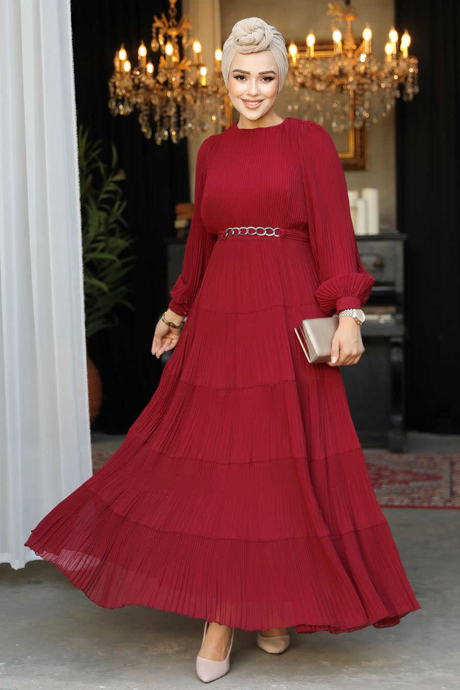 Modest Claret Red Ruffle Dress 44761BR