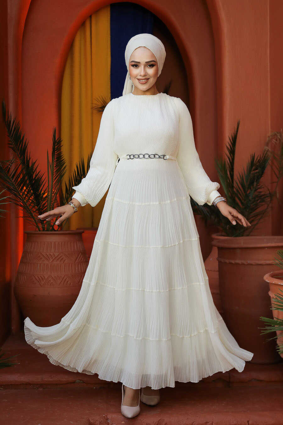 Modest Ecru Ruffle Dress 44761E