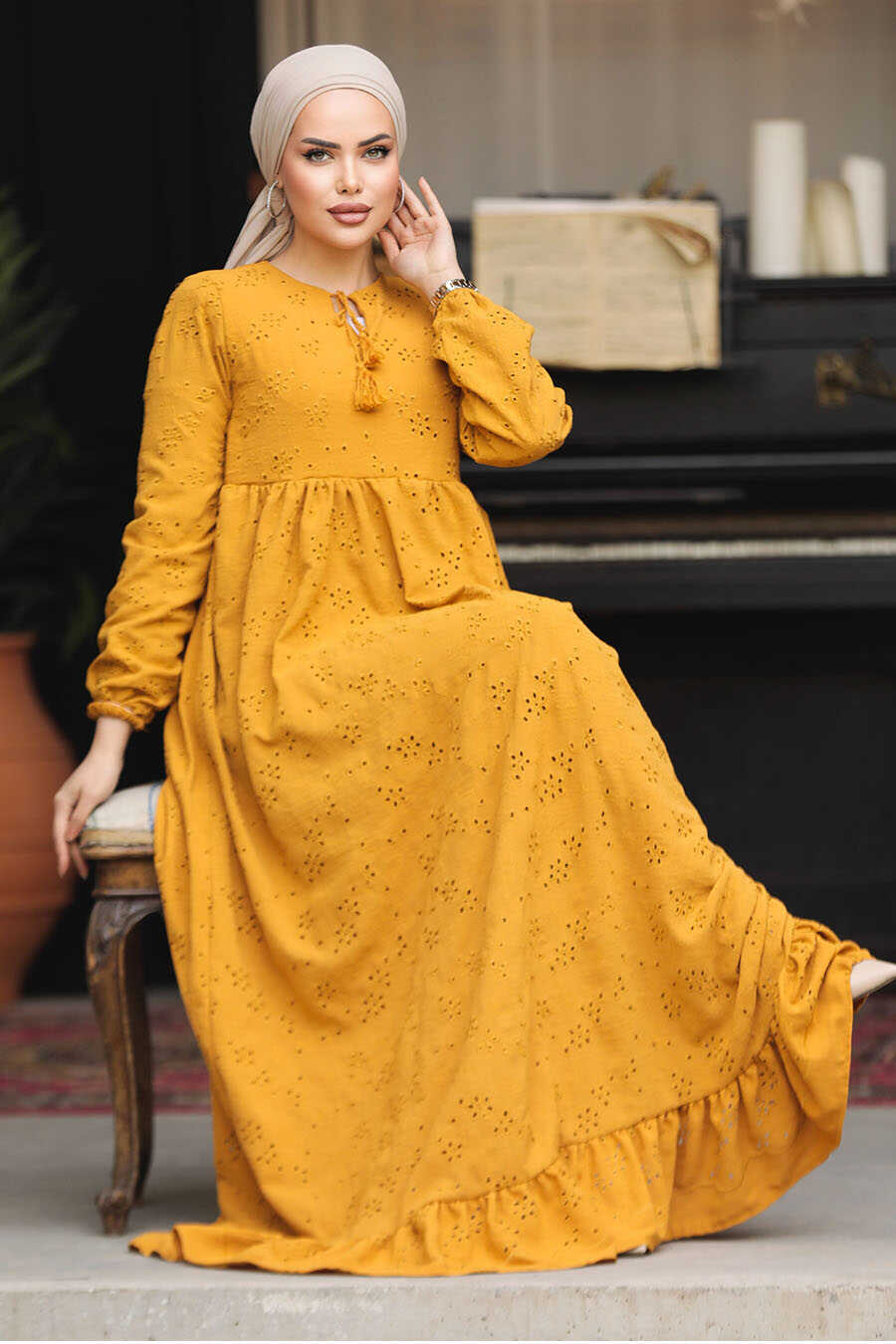 Modest Mustard Summer Dress 23201HR