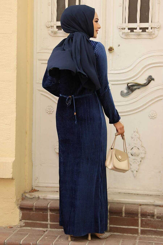 Modest Navy Blue Velvet Dress