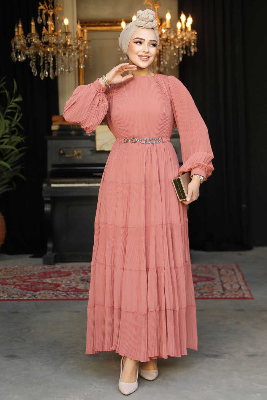 Modest Salmon Pink Ruffle Dress 44761SMN