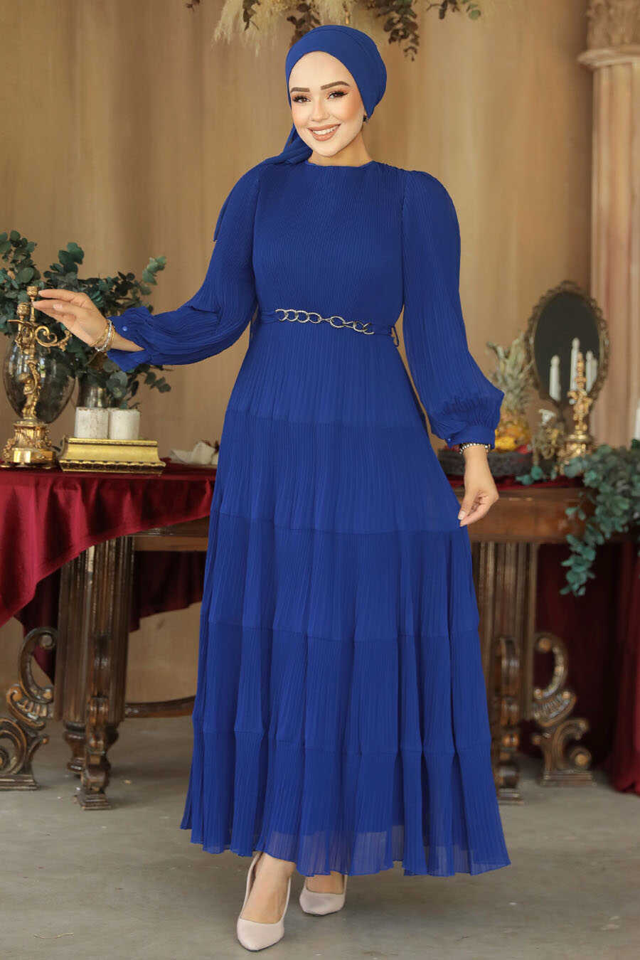 Modest Sax Blue Ruffle Dress 44761SX