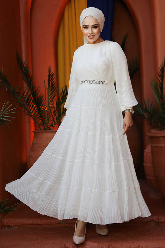 Modest White Ruffle Dress 44761B
