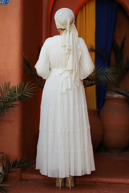 Modest White Ruffle Dress