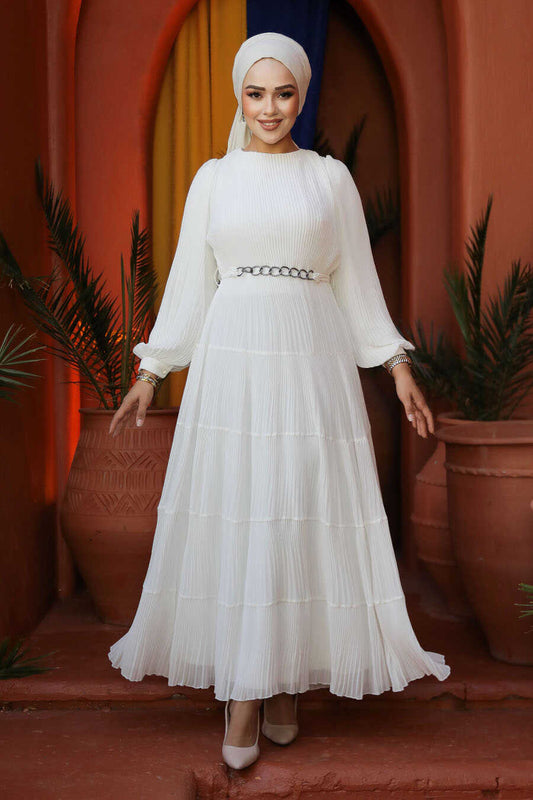 Modest White Ruffle Dress