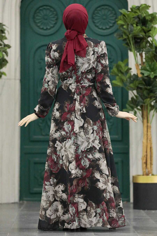 Black Floral Chiffon Modest Dress