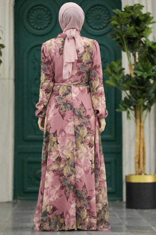 Rose Pink Floral Chiffon Modest Dress