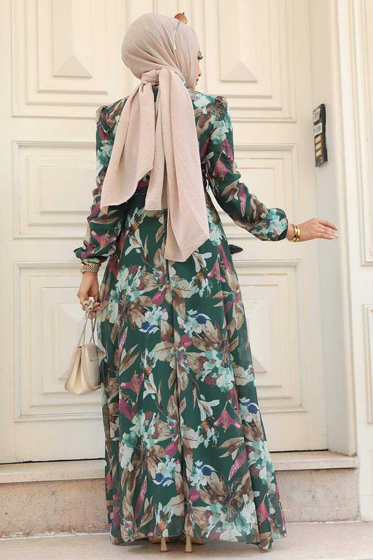Emerald Floral Chiffon Modest Dress
