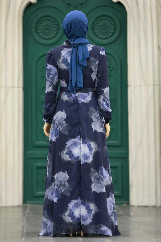 Navy Blue Floral Chiffon Modest Dress