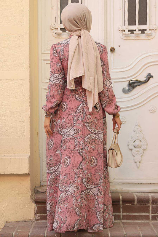 Powder Pink Floral Chiffon Modest Dress