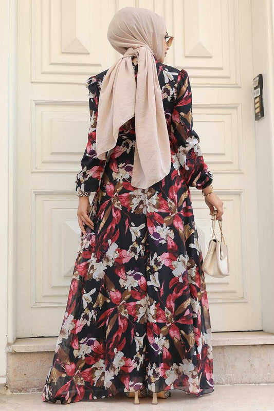 Red Floral Chiffon Modest Dress