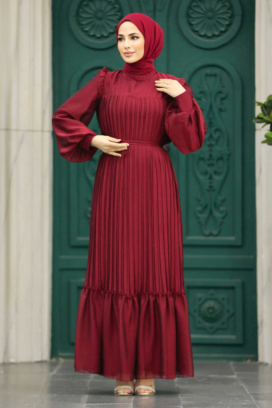 Stylish Claret Red Islamic Clothing Engagement Dress 39651BR