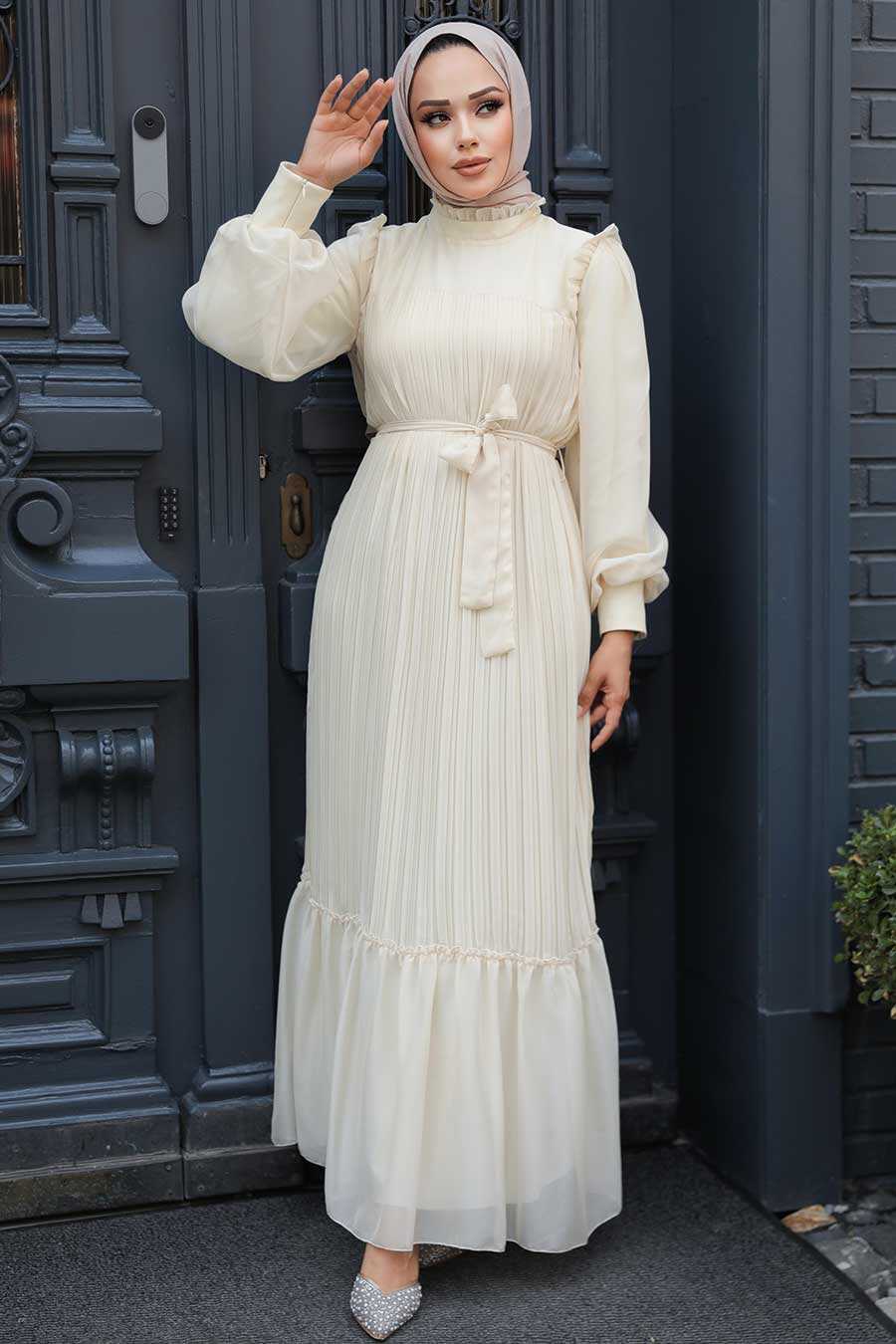 Beige Chiffon Modest Dress Quzey Beige Chiffon Modest Dress Quzey