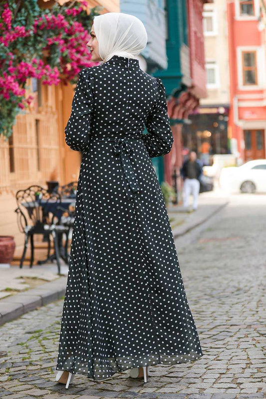 Black Printed Chiffon Modest Dress