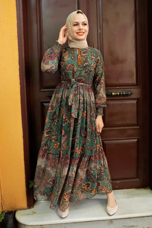 Green Printed Chiffon Modest Dress