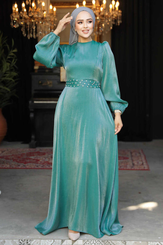 Modest Almond Green Evening Dress