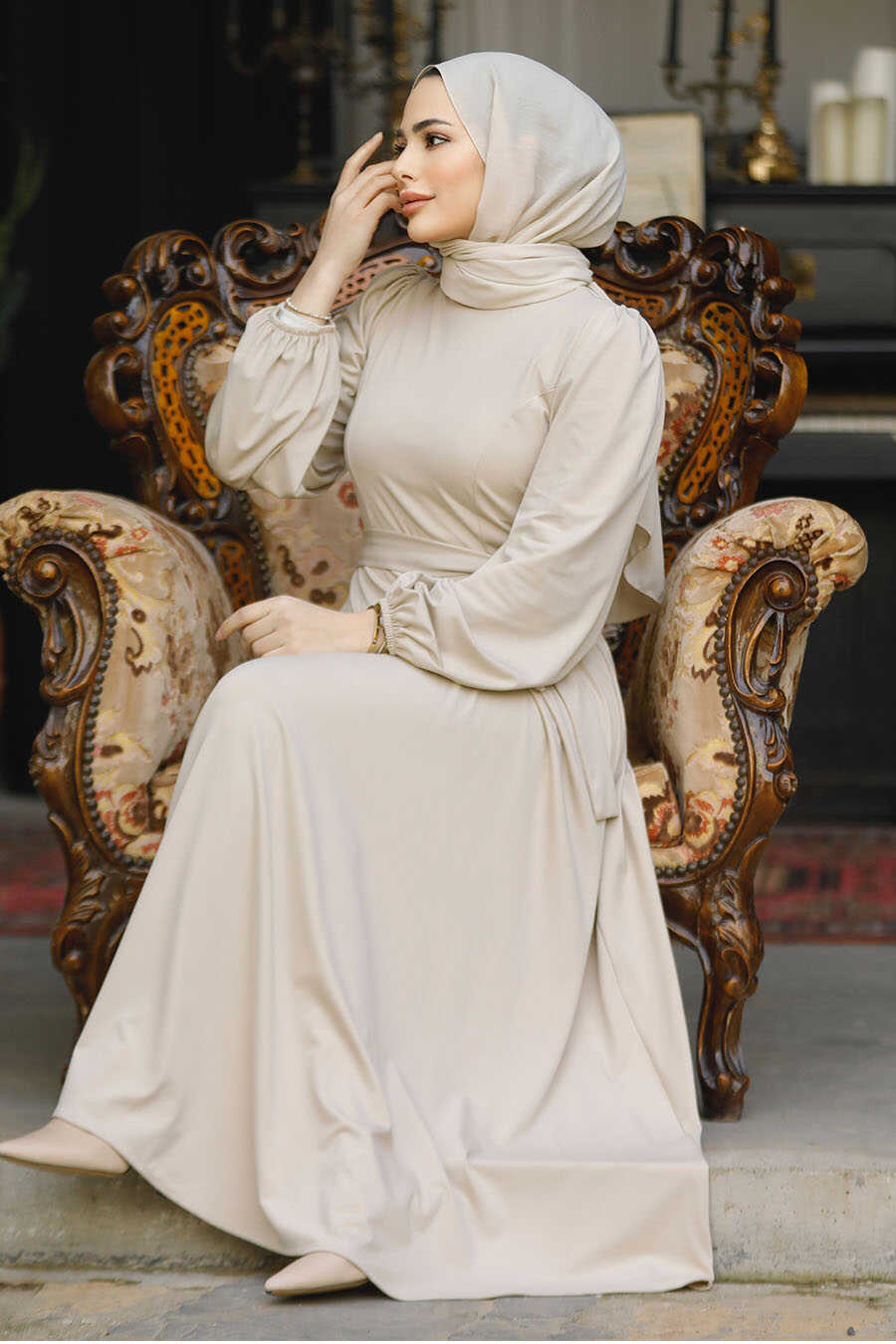 Modest Beige Dress For Plus Size 23101BEJ