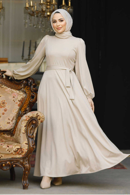 Modest Beige Solid Dress