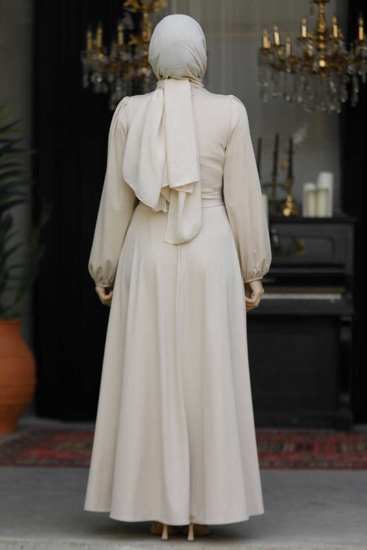 Modest Beige Solid Dress