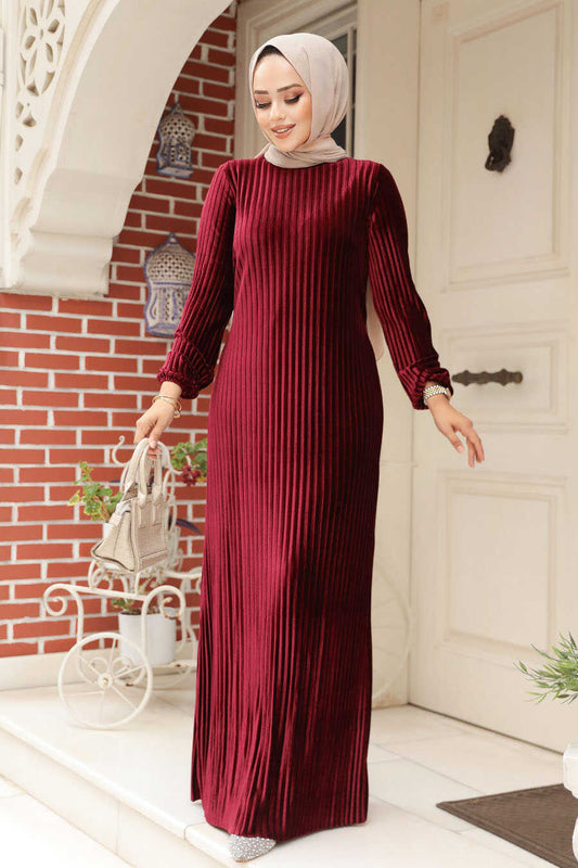 Modest Claret Red Velvet Dress 22751BR