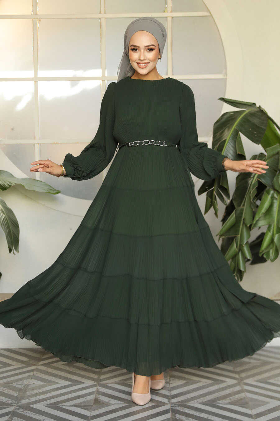 Modest Dark Khaki Ruffle Dress 44761KHK