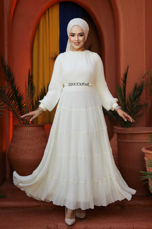 Modest Ecru Ruffle Dress 44761E