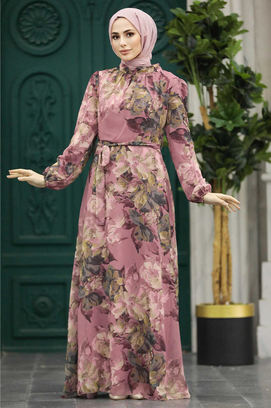 Rose Pink Floral Chiffon Modest Dress