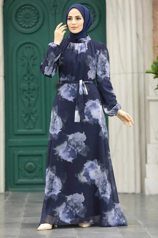 Navy Blue Floral Chiffon Modest Dress