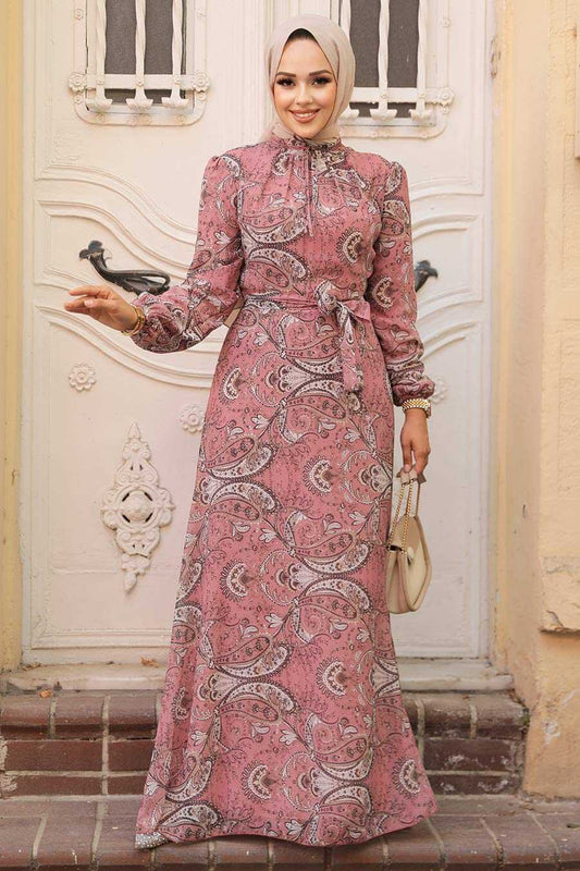Powder Pink Floral Chiffon Modest Dress