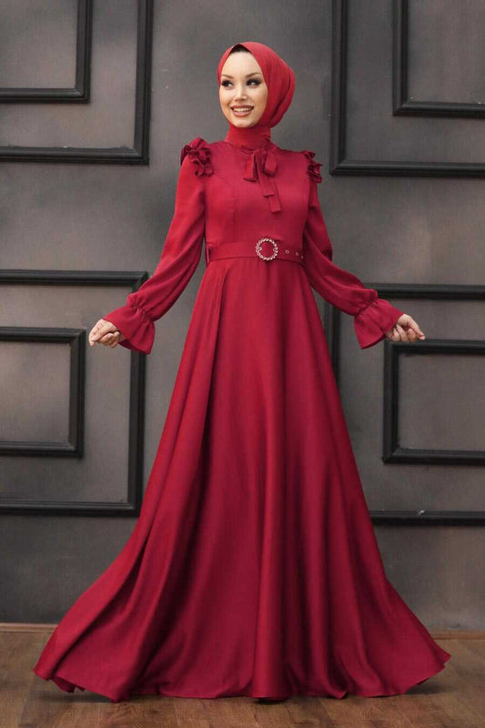 Satin Claret Red Muslim Bridal Dress 27240BR