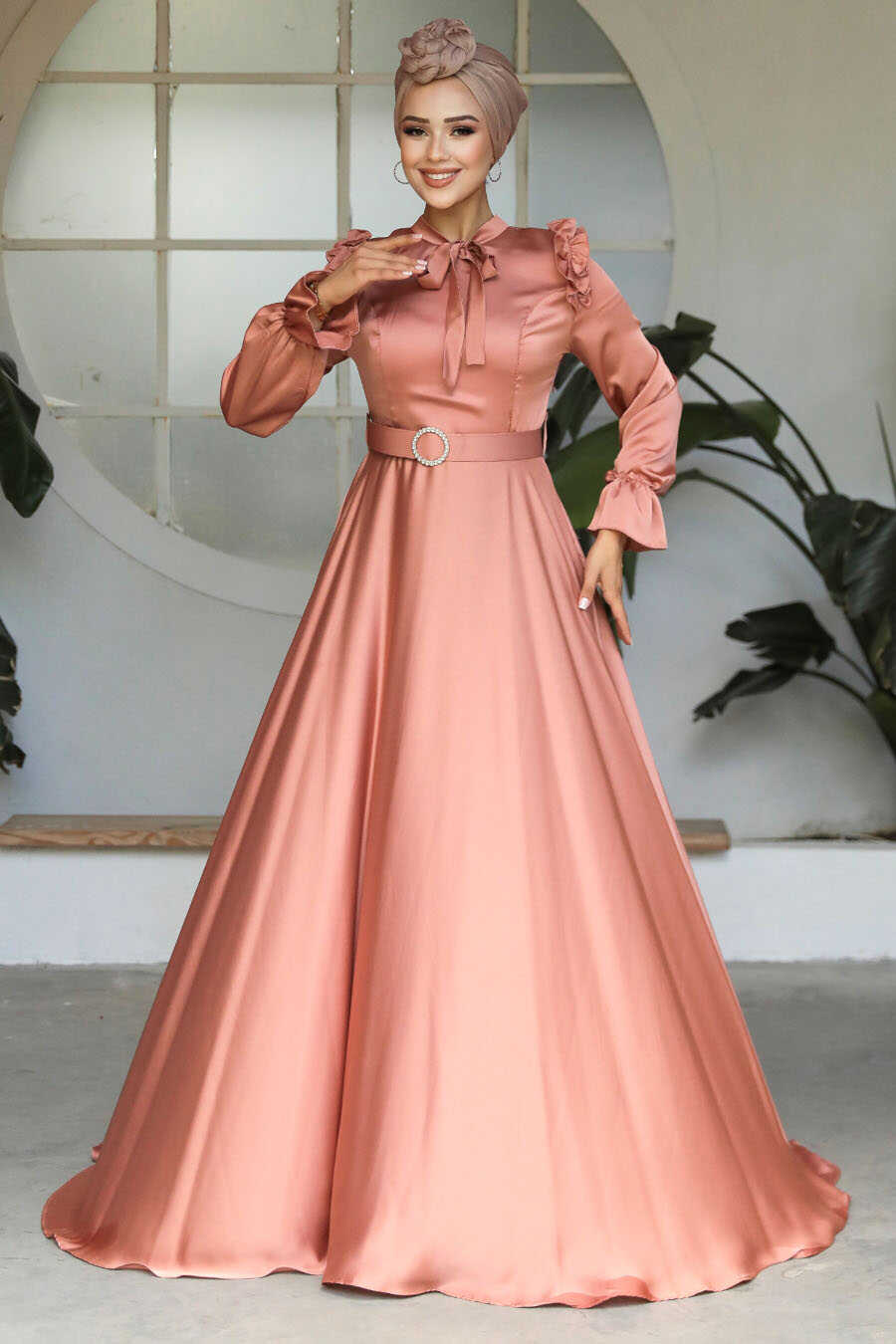  Satin Dark Salmon Pink Muslim Bridal Dress 27240KSMN