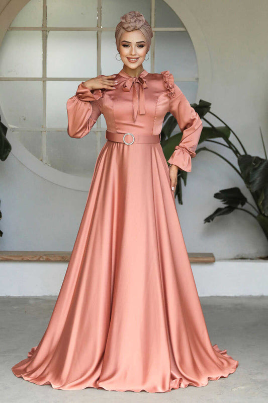 Salmon Pink Satin Evening Dress